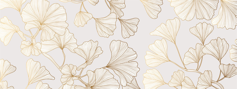 Luxury Gold Ginkgo line arts Background design vector.