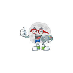 Cartoon mascot design of fibrobacteres play a game with controller