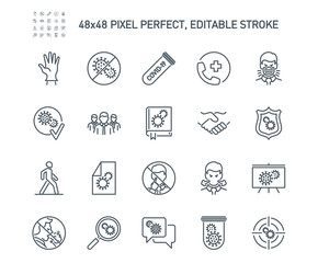 Simple Set of Coronavirus Protection Related Vector Line Icons. Contains such Icons as Protective Measures, Coronavirus Symptoms, Incubation Period and more. Editable Stroke. 48x48 Pixel Perfect.