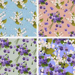 Set of floral seamless patterns with spring flowers. Cute vector illustration