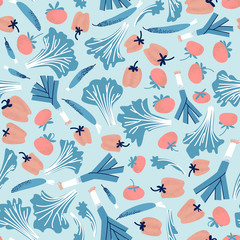Seamless pattern vegetables leek, tomatoes, cucumbers pepper and lettuce in blue tones. Vegetarian healthy food. Design for wallpaper or fabric. Flat vector illustration.