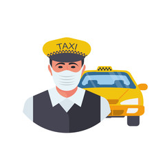 Taxi driver in medical mask. Vector illustration flat design. Isolated on white background. Man in a protective mask. Yellow car on the background. Coronavirus Prevention covid-19
