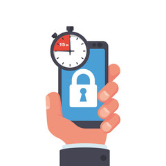 Smartphone application for time control. Phone screen lock. Rest from the gadget and social networks. Vector illustration flat design. Isolated on white background. A phone with a closed lock in hand.