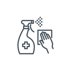 antiseptic spray bottle with hand single line icon isolated on white. outline symbol cleaner Coronavirus pandemic banner. Quality design element antibacterial disinfect surfaces with editable Stroke