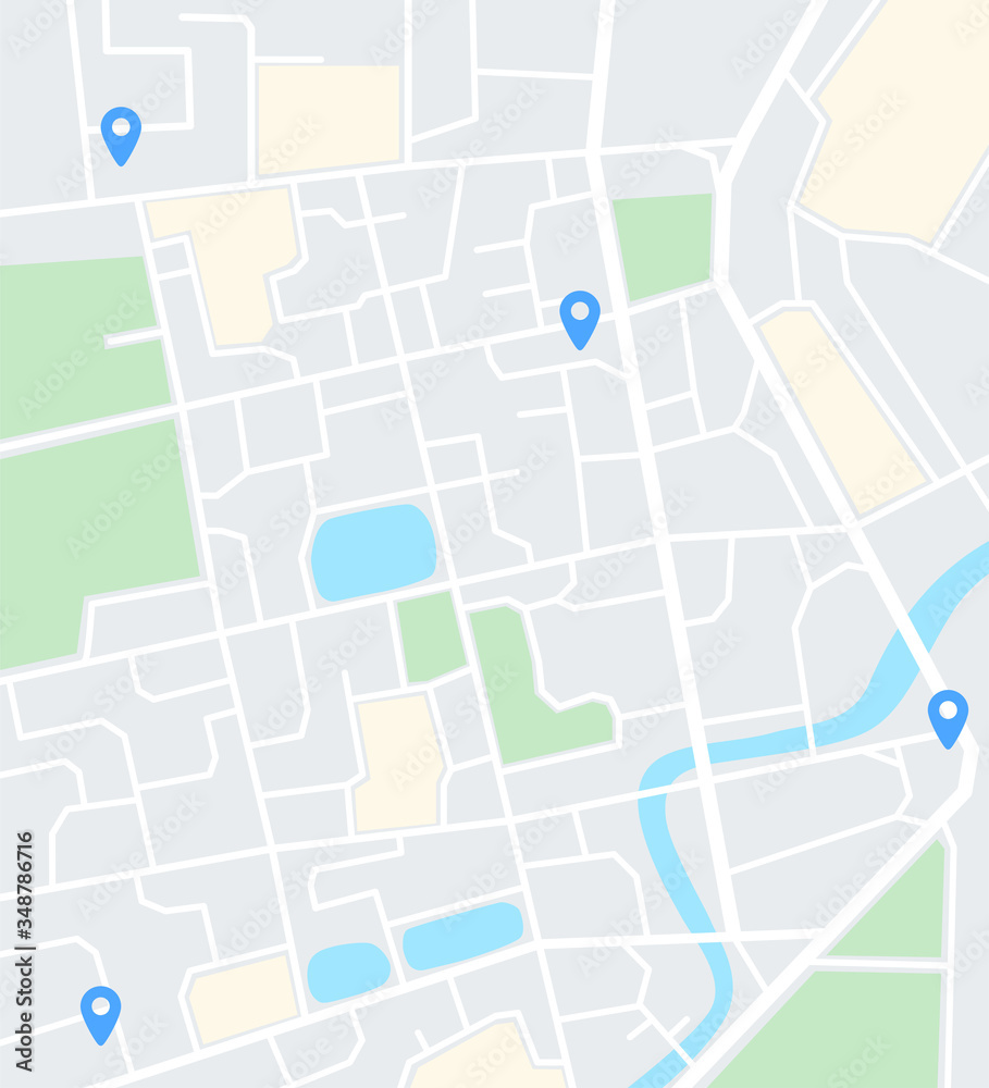 Poster Abstract city map with pins. Navigation app screen template