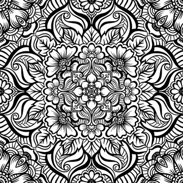 Eastern ethnic motif, traditional indian henna ornament. Seamless pattern, background in black and white colors. Outline vector illustration.