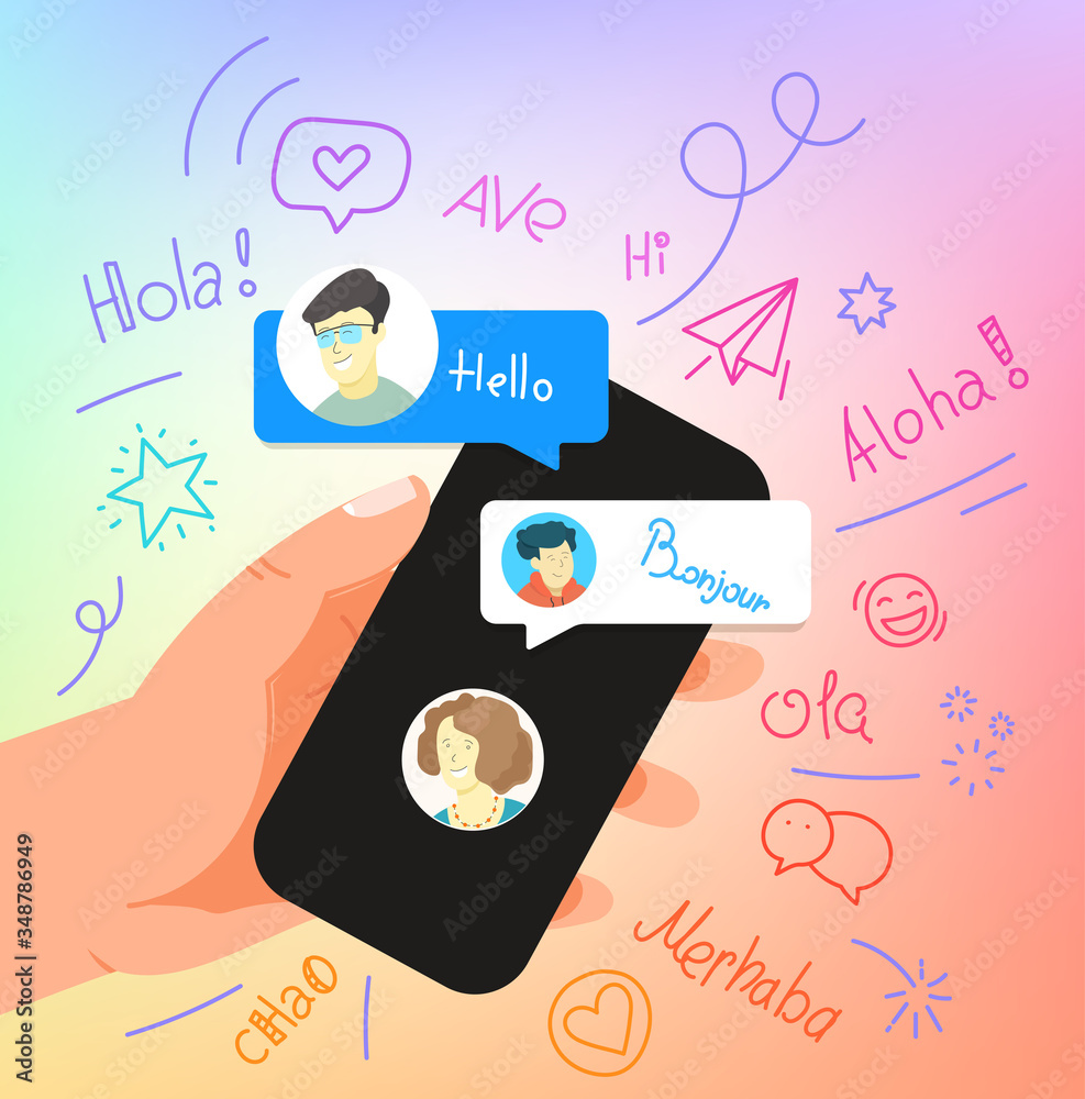 Aufkleber human gesture using modern smartphone. say hallo in different languages