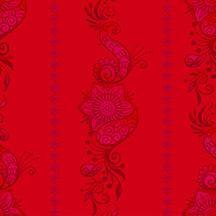 Eastern ethnic style compositions, mehendi, traditional indian henna floral ornament. Seamless pattern, background. Vector illustration in red.