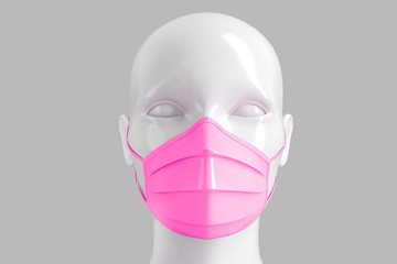 Medical concept, the concept of prohibition of freedom of speech. Women's shiny fashionable head in a medical mask colored on a pink background. 3D stock illustration.
