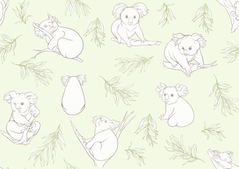 Koala bear seamless pattern. Colored vector illustration. On soft green background