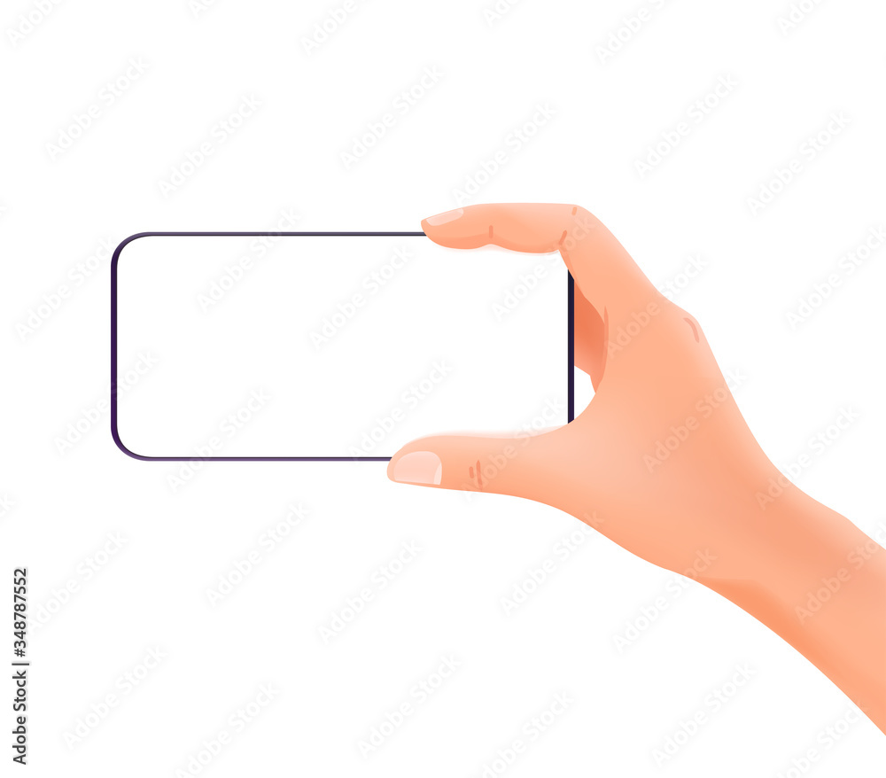 Poster Smartphone in hands vector mockup isolated on white background. Horizontal orientation