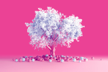 3D render of clean minimal design a soft coniferous tree with a blue crown isolated on a light pink background that grew out of a pile of balls on the floor