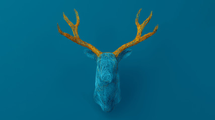 Lots of shiny threads intertwined in the shape of a voluminous deer head on the wall. Christmas concert. 3D illustration