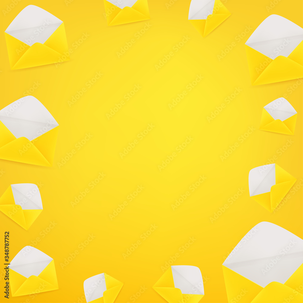 Poster yellow envelopes. social media message vector background. copy space for a text