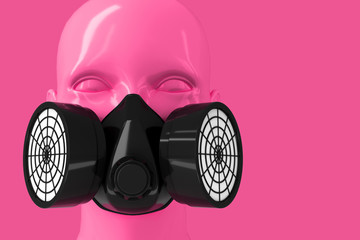 Minimalistic glamorous background with a feminine pink shiny porcelain face and black respirator on a pink background. 3D illustration.