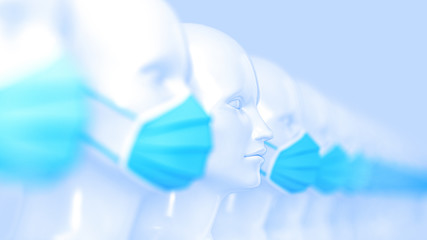 A group of women's shiny white fashion mannequin heads standing in a row in bright blue medical masks on a light background. 3D illustration.