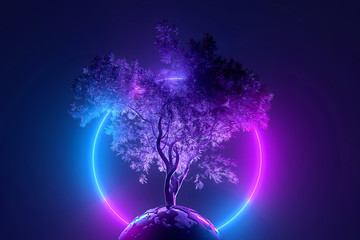 Abstract neon background, mystical cosmic tree sprouting through a round planet in the light of a neon glowing round frame, pink blue glowing, 3d illustration
