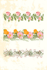Natural spring style seamless vector floral pattern. Template for border and frame. Pink rose, peony, yellow dandelion, green leaf and leaves branches.