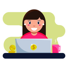 Business woman, investor increases income. Housewife saves on cashback. Vector illustration with freelancer, laptop, money, table and coffee.