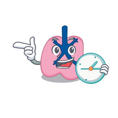 mascot design style of lung standing with holding a clock