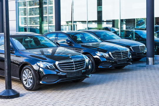 Black Mercedes-Benz three cars in a row Car store Mercedes. Russia, Saint-Petersburg. 26 march 2020.