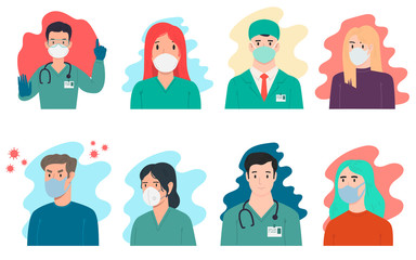 Set of Illustrations of doctors with antivirus protection, medical masks and protective glasses. Design element for poster, label, sign, emblem, infographic. Vector illustration