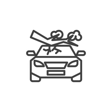 Tree fall down on car line icon. linear style sign for mobile concept and web design. Car crushed by tree outline vector icon. Auto disaster insurance symbol, logo illustration. Vector graphics