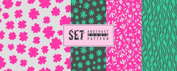 Seamless vector floral ink pattern set. Trend doodle silhouettes for 3D modeling masks, backgrounds, textiles, textures, wallpapers, paper and prints.