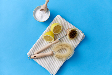 natural cleaning stuff, sustainability and eco living concept - different brushes, and lemon on...
