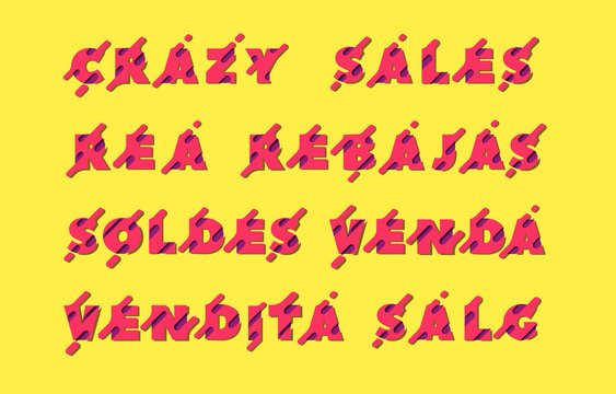 A set of words "sales", "rea", "rebajas", "soldes", "venda", "vendita", "salg" in the original font in the paper cut style for ads crazy sales and discounts for advertising stores and selling banners.