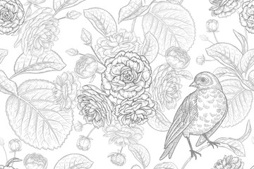 Floral vintage seamless pattern with Japanese cherry and bird. Black and white.
