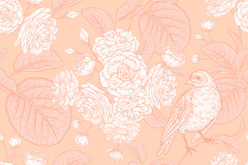 Floral vintage seamless pattern with Japanese cherry and bird. Color of peach gelato.
