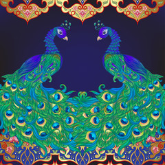 Peacock bird seamless pattern, background. On dark blue background