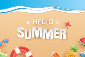 Hello summer beach top view travel and vacation background. Use for banner template, greeting card, invitation, wave and sand poster.