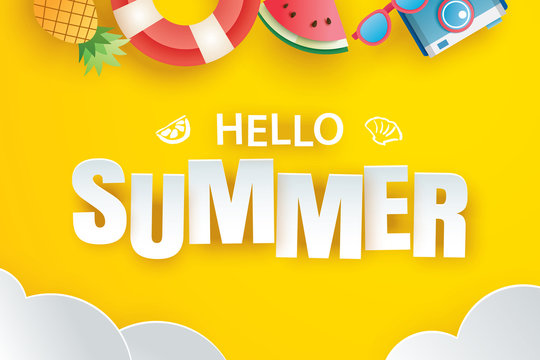 Hello summer with decoration origami hanging on yellow background. Paper art and craft style.