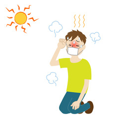 Illustration of a man wearing a mask and likely to have heat stroke 