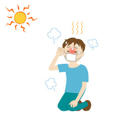 Illustration of a boy wearing a mask and likely to have heat stroke 