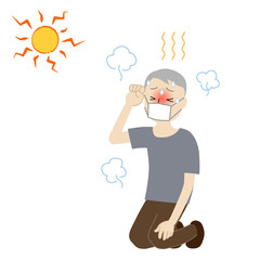 Illustration of a senior man wearing a mask and likely to have heat stroke