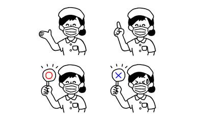 Fototapeta premium ナースキャップとマスク・白衣を着用した看護師女性セット（シンプル）