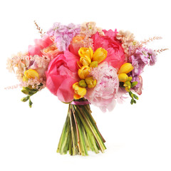 Obraz na płótnie Canvas wedding bouquet with pink peony and yellow tulips