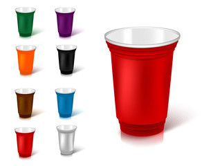 set of colored plastic cups. Utensils for street food
