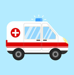 Ambulance car vector flat illustration isolated on blue background. Hospital transport