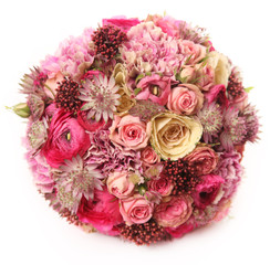 wedding bouquet with Astrantia, Skimma, Brassica, rose bush, Ranunculus asiaticus, cloves,