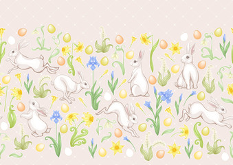 Seamless pattern with a hares, colored eggs and spring flowers for easter. Colored vector illustration. In art nouveau style, vintage, old, retro style. On soft beige background.