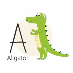 Large letter A of the English alphabet. Children's illustration of an educational poster for children. Games for the little ones. Drawing of a crocodile.
