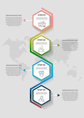 Vector business infographics. Timeline modern with four hexagons, arrows. Used for web design, marketing advertising, workflow layout, annual report, flowchart, presentation