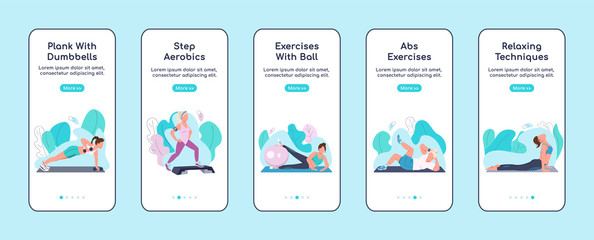 Fitness exercises onboarding mobile app screen flat vector template. Sports training at home walkthrough website steps with characters. UX, UI, GUI smartphone cartoon interface, case prints set