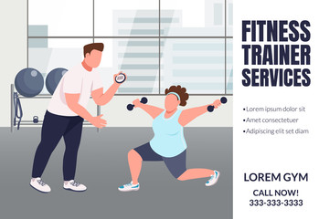 Fitness trainer services banner flat vector template. Slimming, weight loss brochure, poster concept design with cartoon characters. Sports coaching horizontal flyer, leaflet with place for text