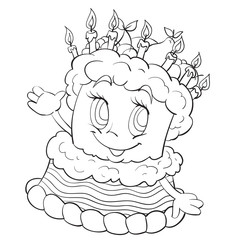 cheerful character of a three-story cake, outline drawing, coloring, sketch, isolated object on a white background, vector illustration,