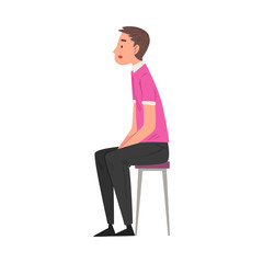Young Man Sitting on Chair, Male Person in Casual Clothes Having Job Interview, Side View Vector Illustration